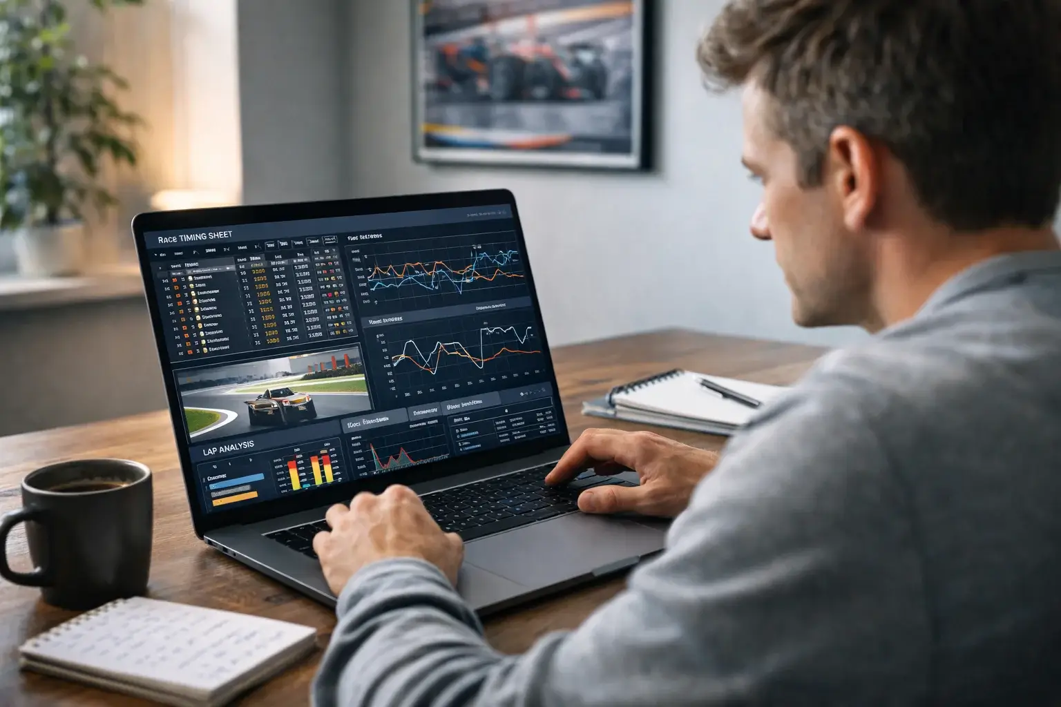 Person analysiert Formel-1-Renndaten auf einem Laptop mit Statistiken und Grafiken