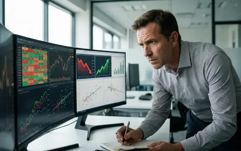 Person studiert komplexe Daten und Statistiken mit kritischem Blick