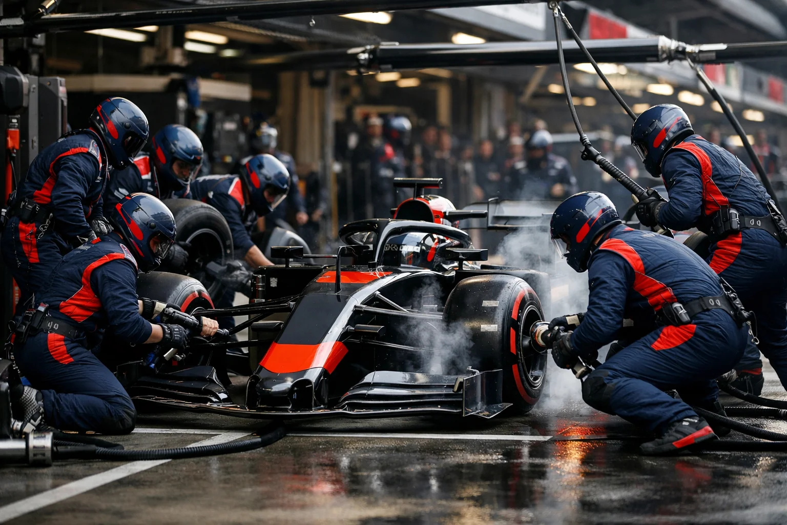Professionelles F1-Boxenstopp-Team bei koordinierter Arbeit am Rennwagen mit Präzisionsausrüstung