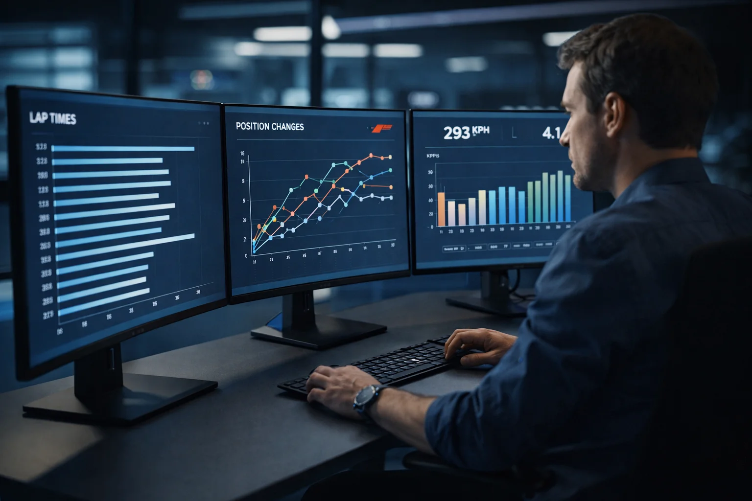 Professioneller Datenanalyst studiert F1-Telemetriedaten auf mehreren Monitoren in modernem Kommandozentrum