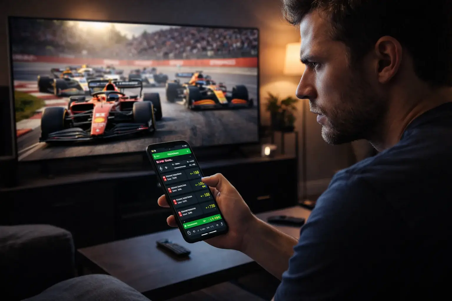 Konzentrierter Fan verfolgt das Formel-1-Rennen auf dem Bildschirm mit Smartphone in der Hand