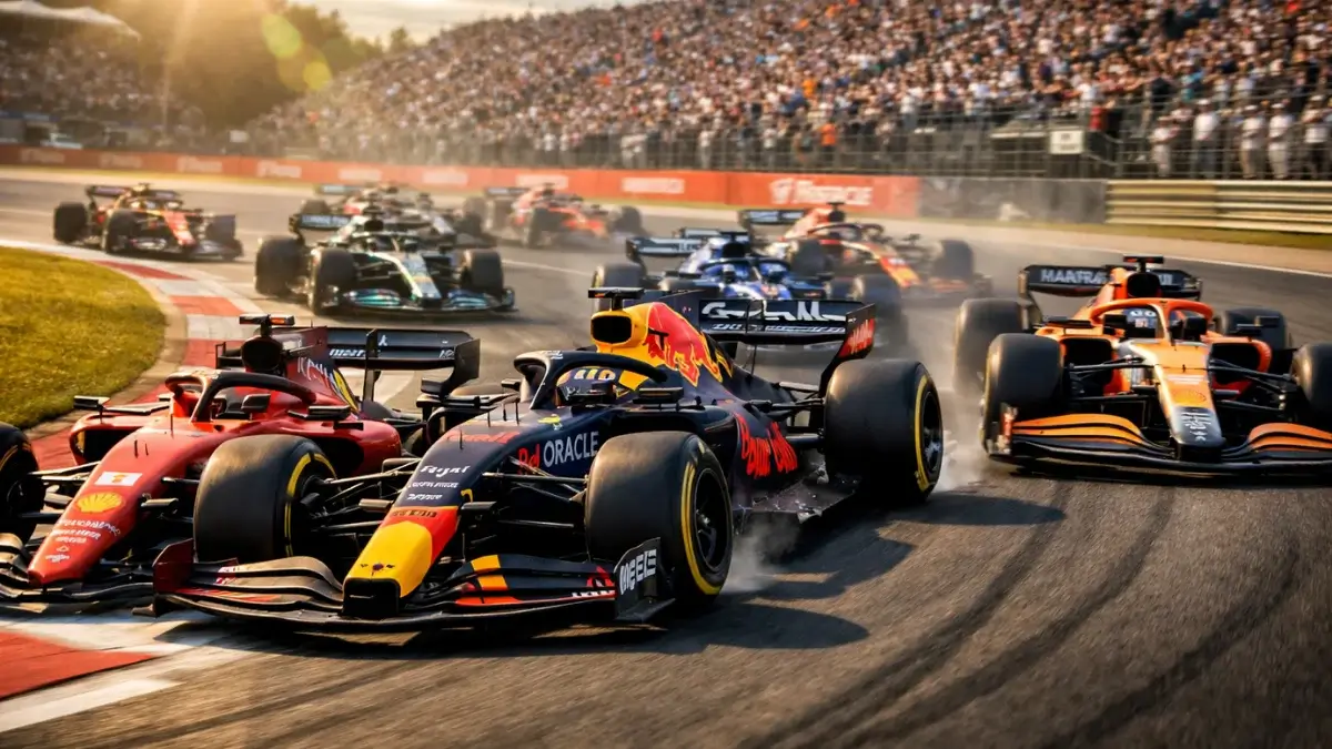 Spannende Formel-1-Rennszene mit dynamischen Überholmanövern auf der Strecke