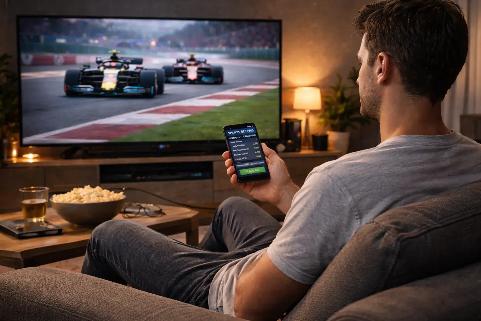 Person schaut Formel-1-Rennen auf großem Fernseher und hält Smartphone mit Wetten-App