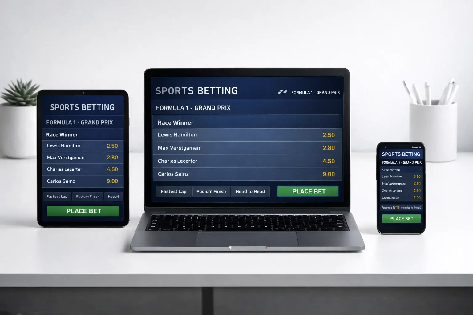 Sportwetten-Plattform dargestellt auf Laptop, Tablet und Smartphone nebeneinander