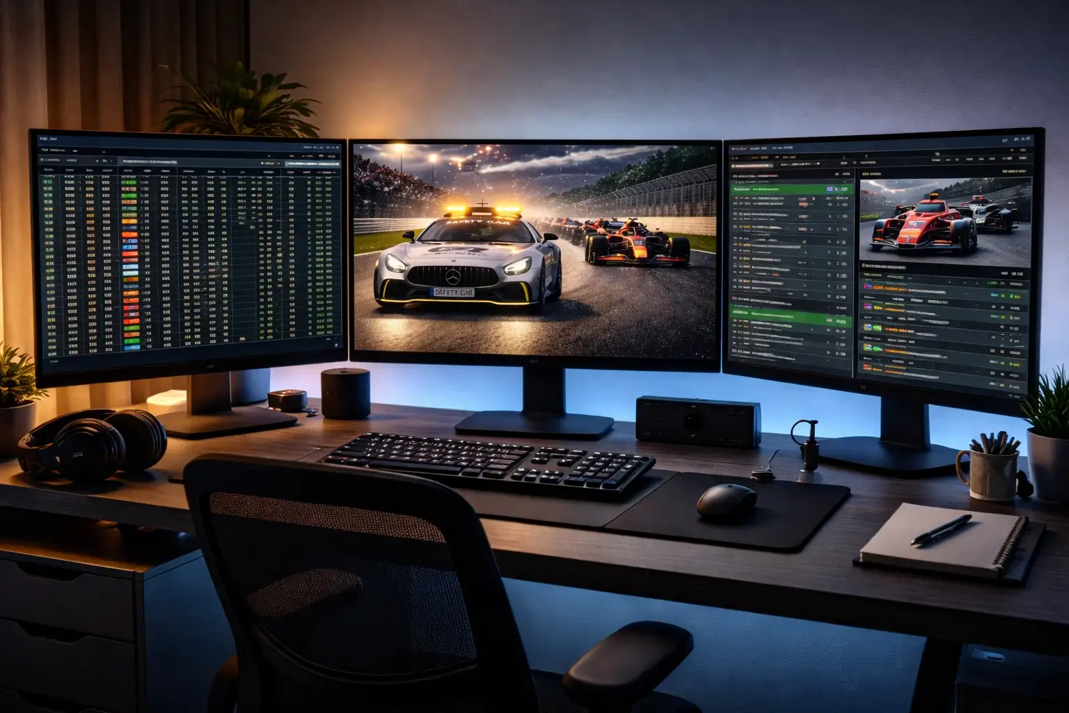 Moderner Arbeitsplatz mit mehreren Bildschirmen für Live-Timing und Rennübertragung