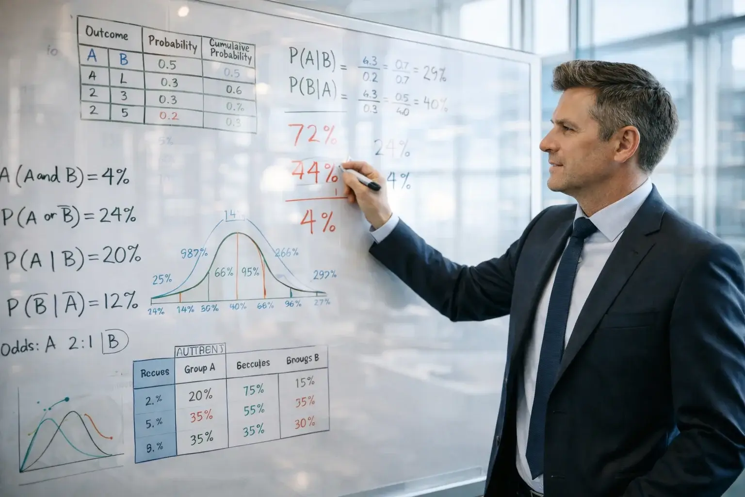 Geschäftsmann analysiert Prozentwerte und Statistiken auf einem Whiteboard