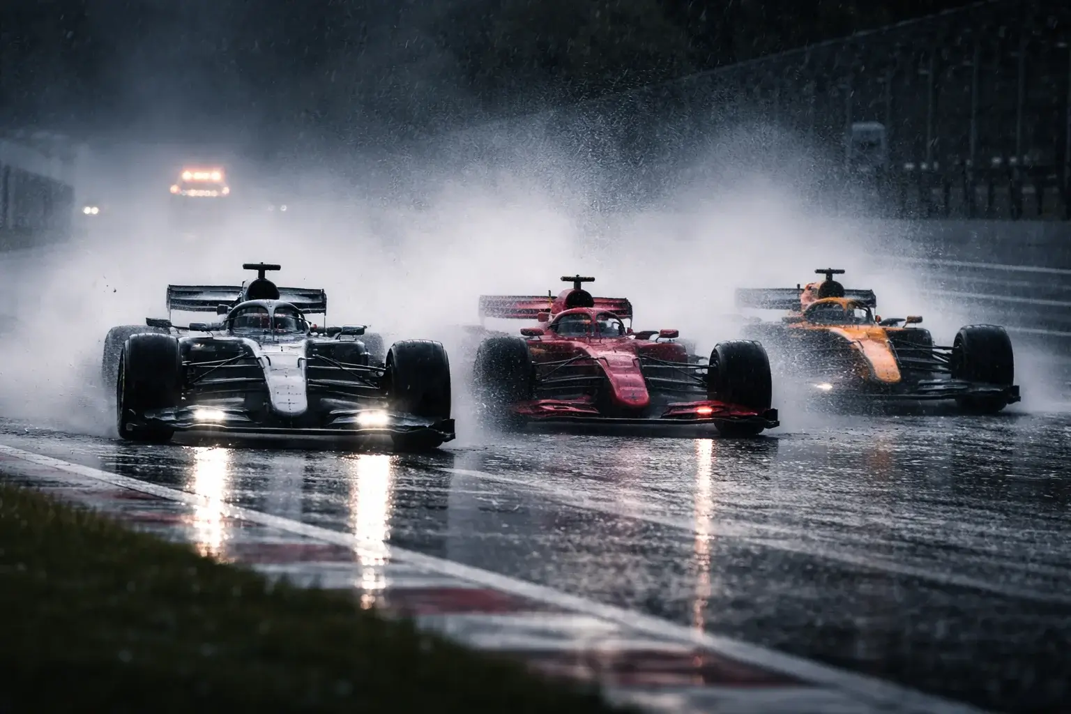Formel-1-Boliden fahren bei starkem Regen auf nasser Rennstrecke mit Sprühwasser