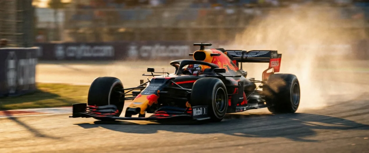 Dynamischer Formel-1-Rennwagen in voller Fahrt auf der Rennstrecke bei goldenem Abendlicht