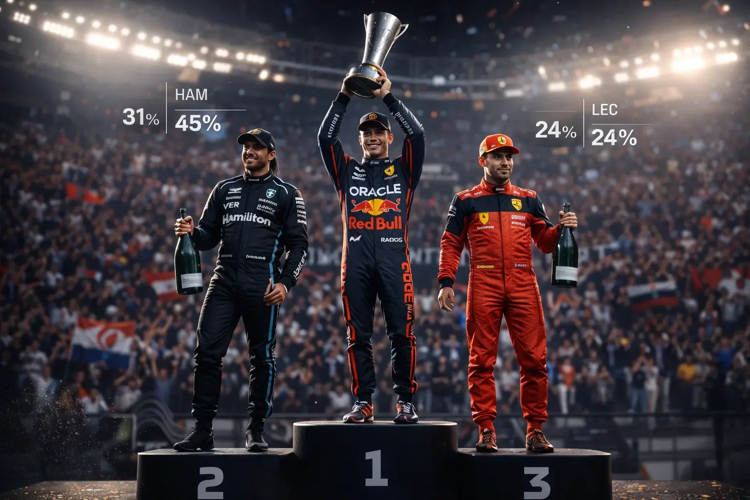 Formel-1-Fahrer auf dem Siegerpodium mit statistischen Daten im Hintergrund