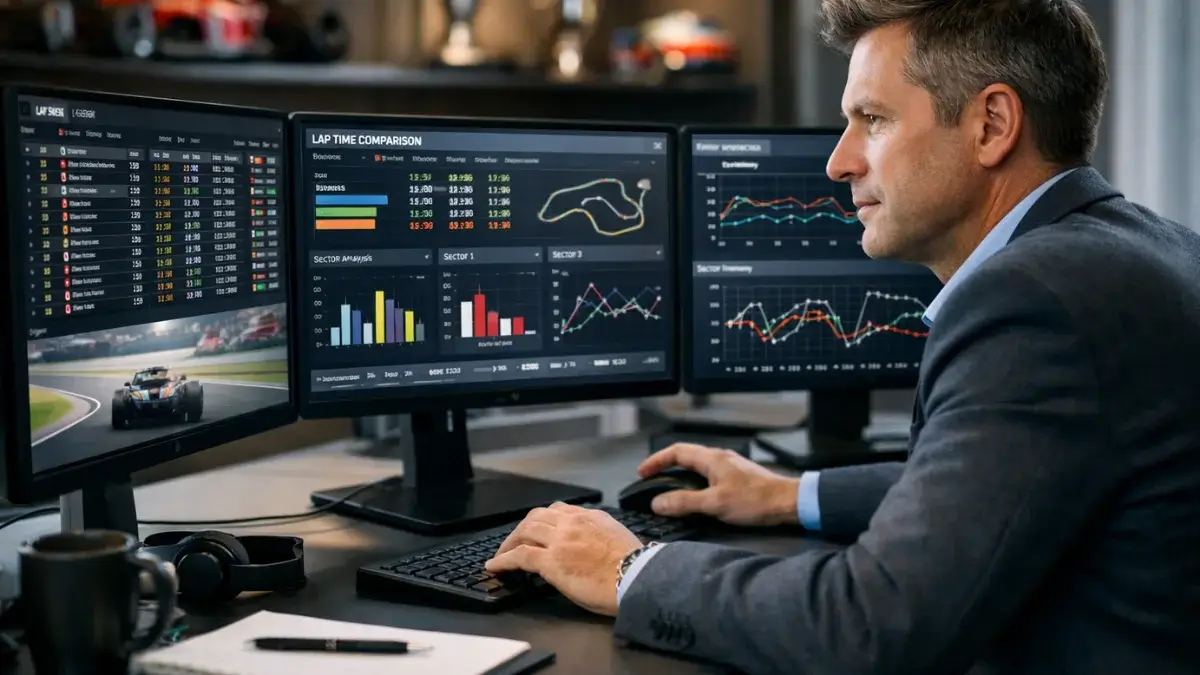 Professioneller Analyst studiert Formel-1-Daten auf mehreren Monitoren