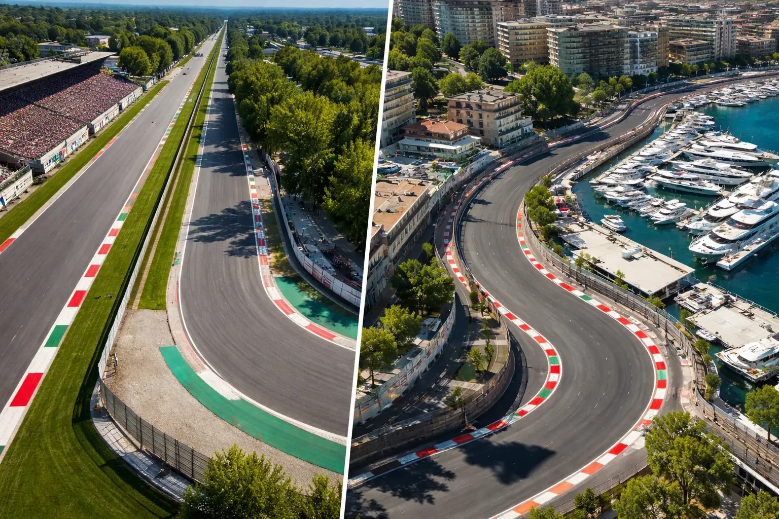 Luftaufnahme verschiedener Formel-1-Streckentypen mit unterschiedlichen Kurvencharakteristiken