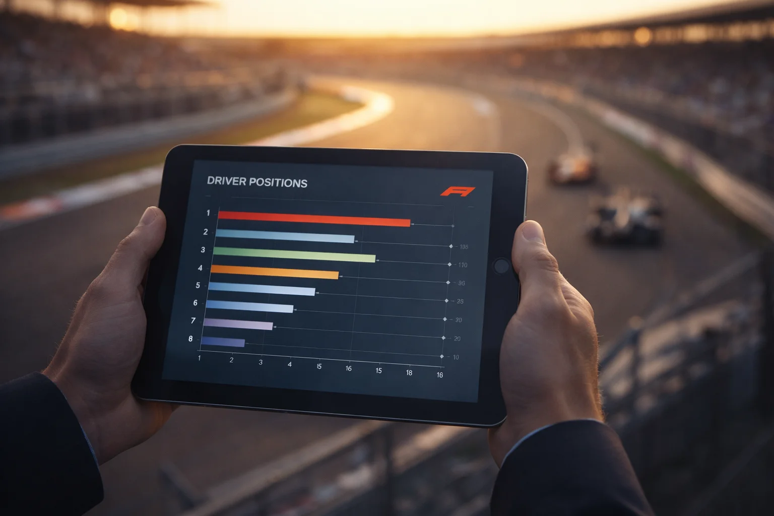 Strategische Wettplanung mit Tablet-Analyse von Rennstatistiken vor unscharfem Rennstrecken-Hintergrund