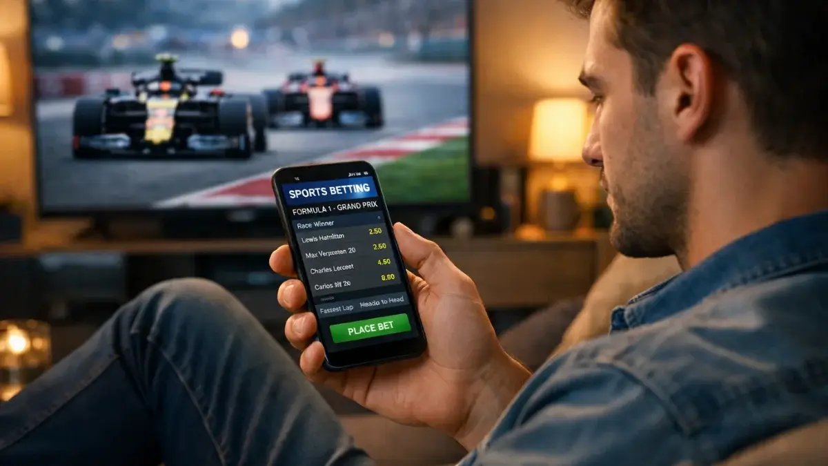 Person nutzt Sportwetten-App auf dem Smartphone mit Formel-1-Rennen im Hintergrund