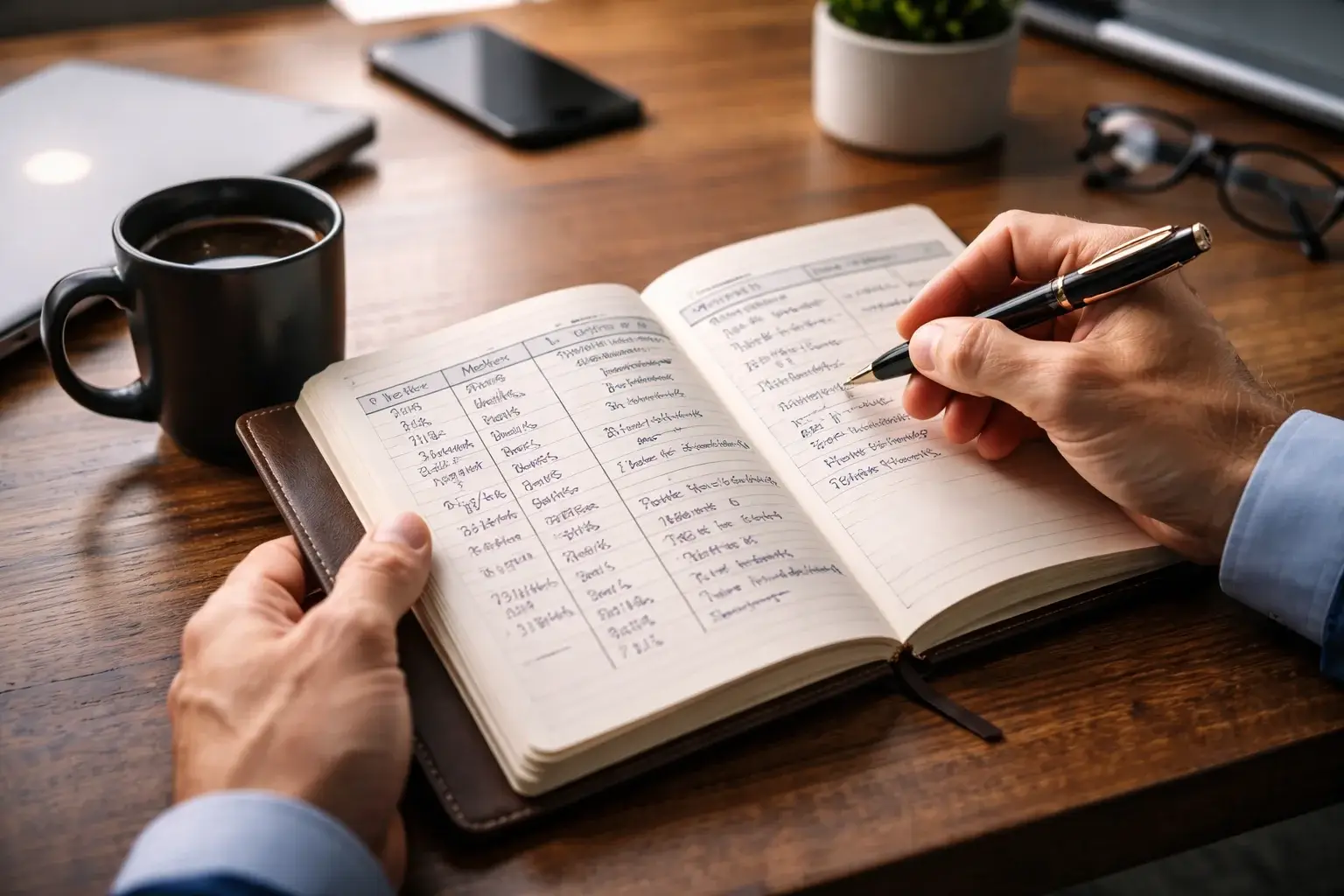 Person führt strukturierte Notizen in einem Notizbuch mit Statistiken und Analysen