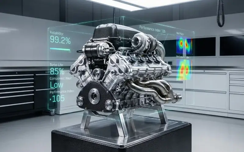 Formel-1-Motor mit technischen Daten zur Zuverlässigkeit visualisiert